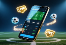 Bookmaker reviews by markets, live tools and mobile use A smartphone in the middle of a football field with odds and a ball flying around it