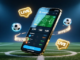 Bookmaker reviews by markets, live tools and mobile use A smartphone in the middle of a football field with odds and a ball flying around it